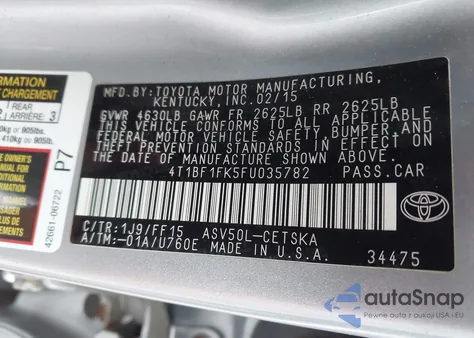 2015 Toyota Camry Se from USA, damaged, VIN 4T1BF1FK5FU035782